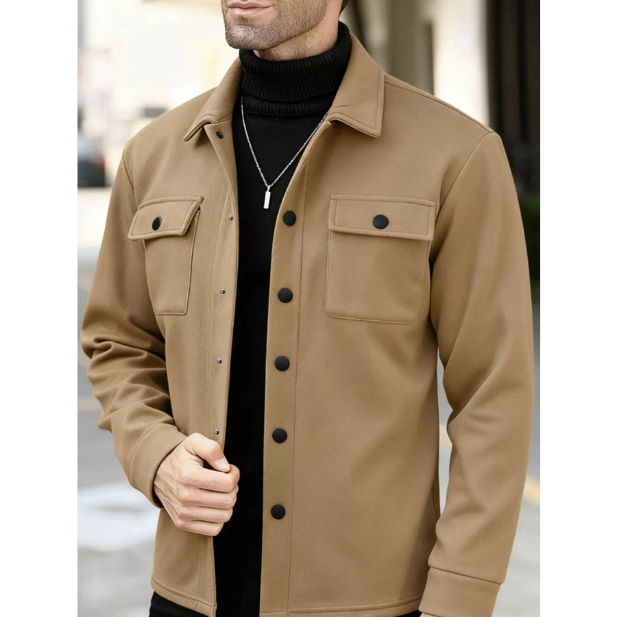 Men’s Full Size Snap Down Long Sleeve Jacket Plus Camel / S Apparel and Accessories