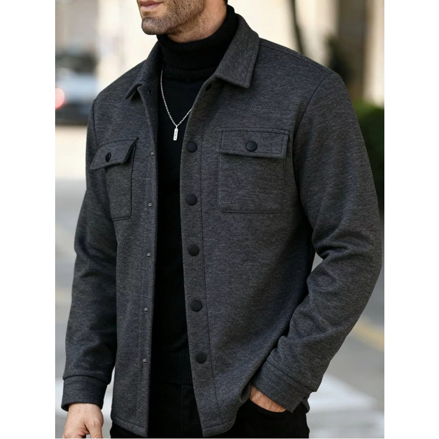 Men’s Full Size Snap Down Long Sleeve Jacket Plus Dark Gray / S Apparel and Accessories