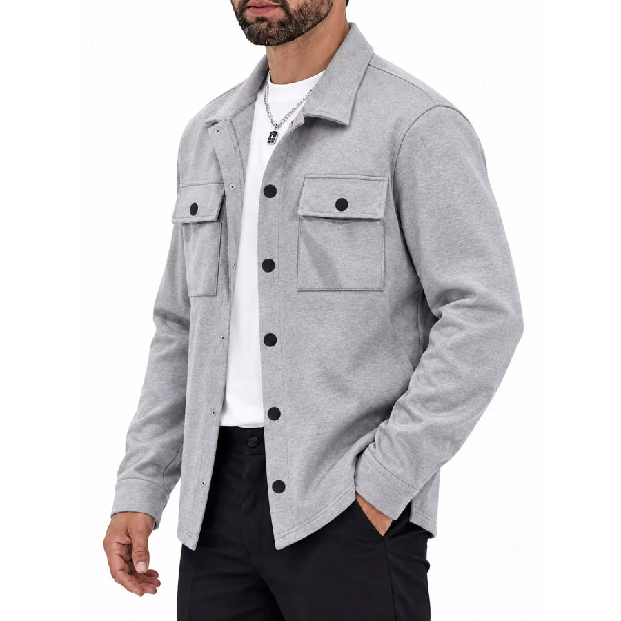Men’s Full Size Snap Down Long Sleeve Jacket Plus Light Gray / S Apparel and Accessories