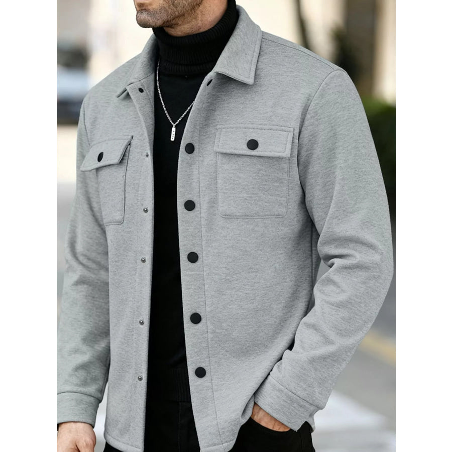 Men’s Full Size Snap Down Long Sleeve Jacket Plus Light Gray / S Apparel and Accessories