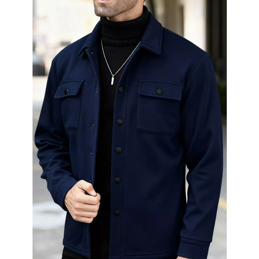 Men’s Full Size Snap Down Long Sleeve Jacket Plus Navy / S Apparel and Accessories