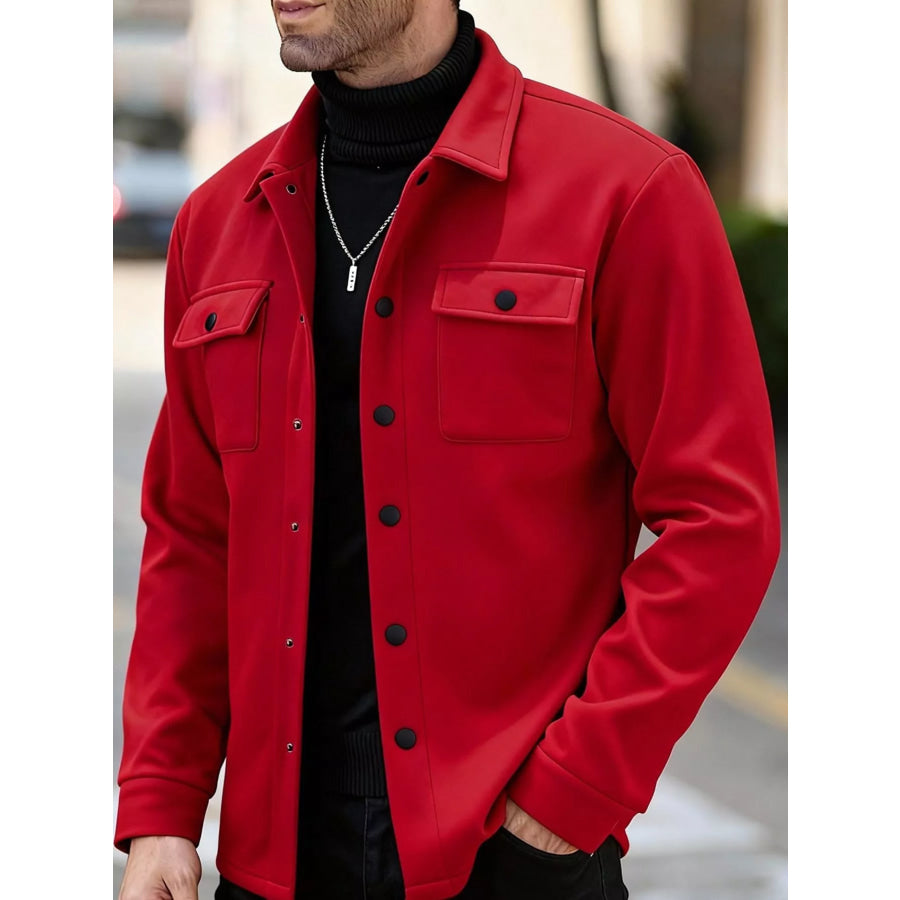 Men’s Full Size Snap Down Long Sleeve Jacket Plus Red / S Apparel and Accessories