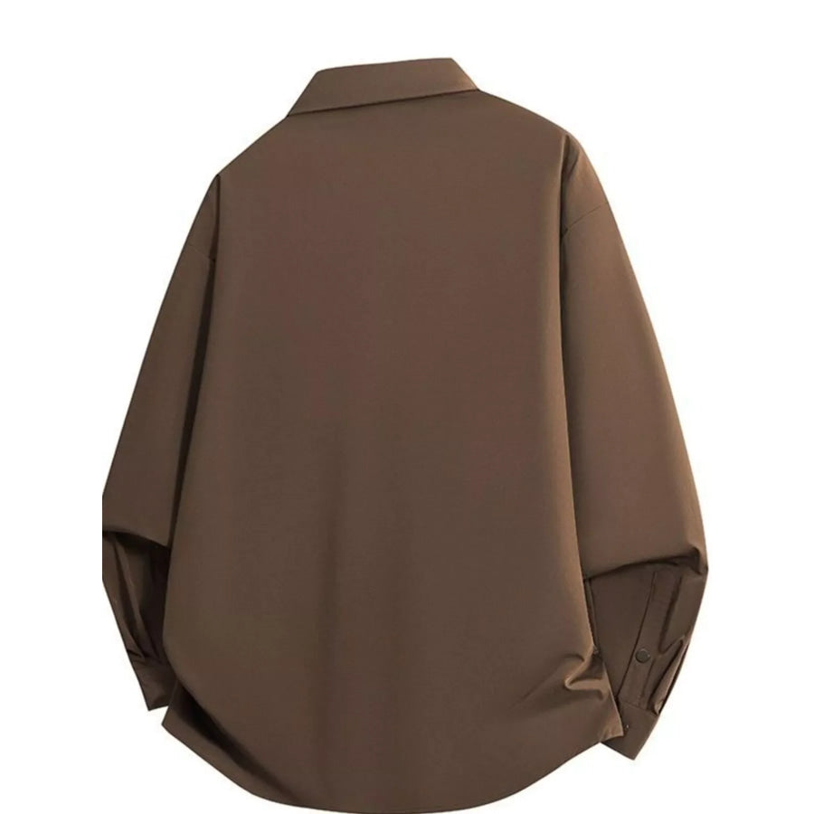 Men’s Full Size Snap Down Long Sleeve Shacket Plus Size Brown / S Apparel and Accessories