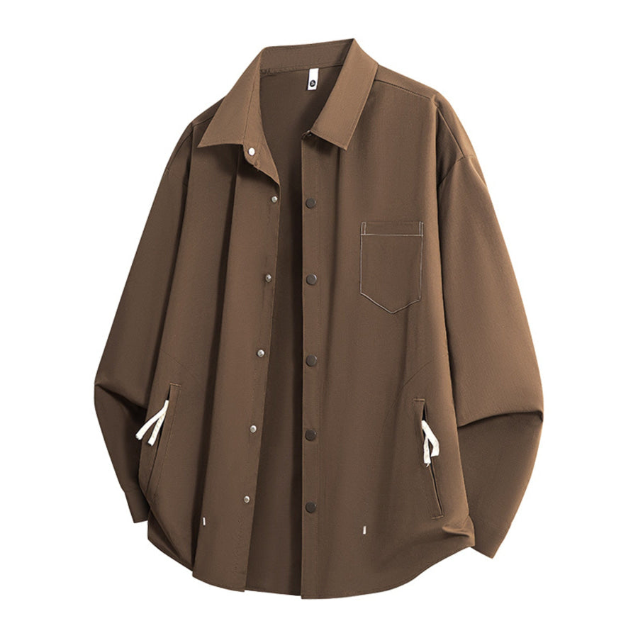 Men’s Full Size Snap Down Long Sleeve Shacket Plus Size Brown / S Apparel and Accessories