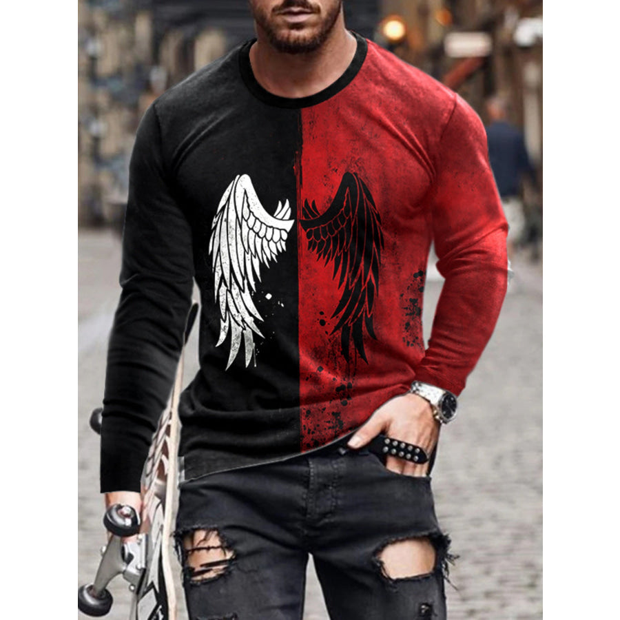 Men’s Full Size Split-Color Wing Graphic Long-Sleeve T-Shirt Plus Size Burgundy / S Apparel and Accessories