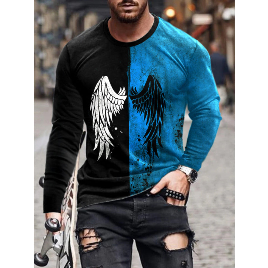 Men’s Full Size Split-Color Wing Graphic Long-Sleeve T-Shirt Plus Size Cerulean / S Apparel and Accessories