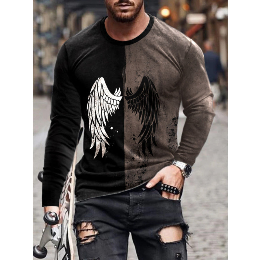 Men’s Full Size Split-Color Wing Graphic Long-Sleeve T-Shirt Plus Size Coffee Brown / S Apparel and Accessories