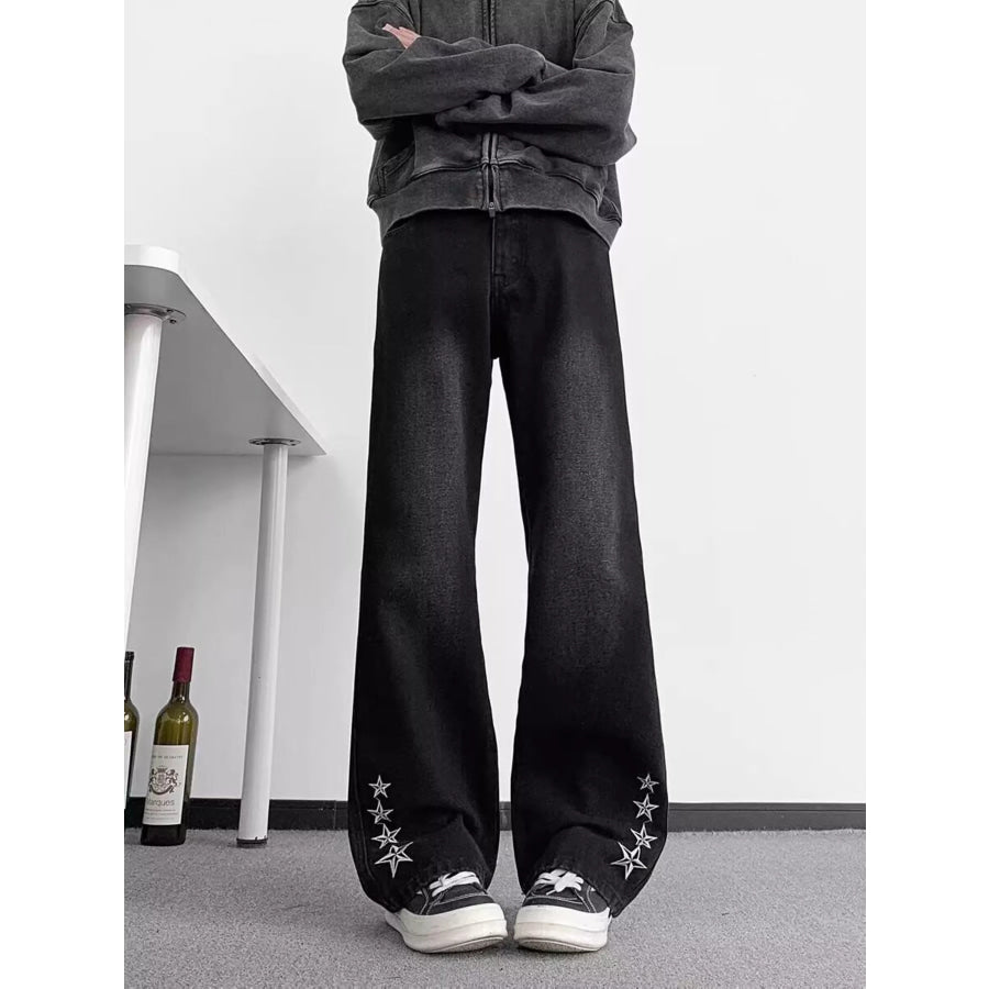 Men’s Full Size Star Embroidered Flare Jeans Plus Size Black / S Apparel and Accessories
