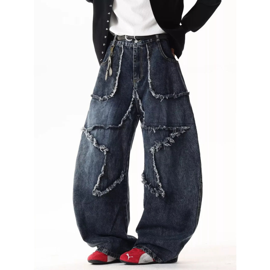 Men’s Full Size Star Patchwork Wide Leg Jeans Plus Size Apparel and Accessories