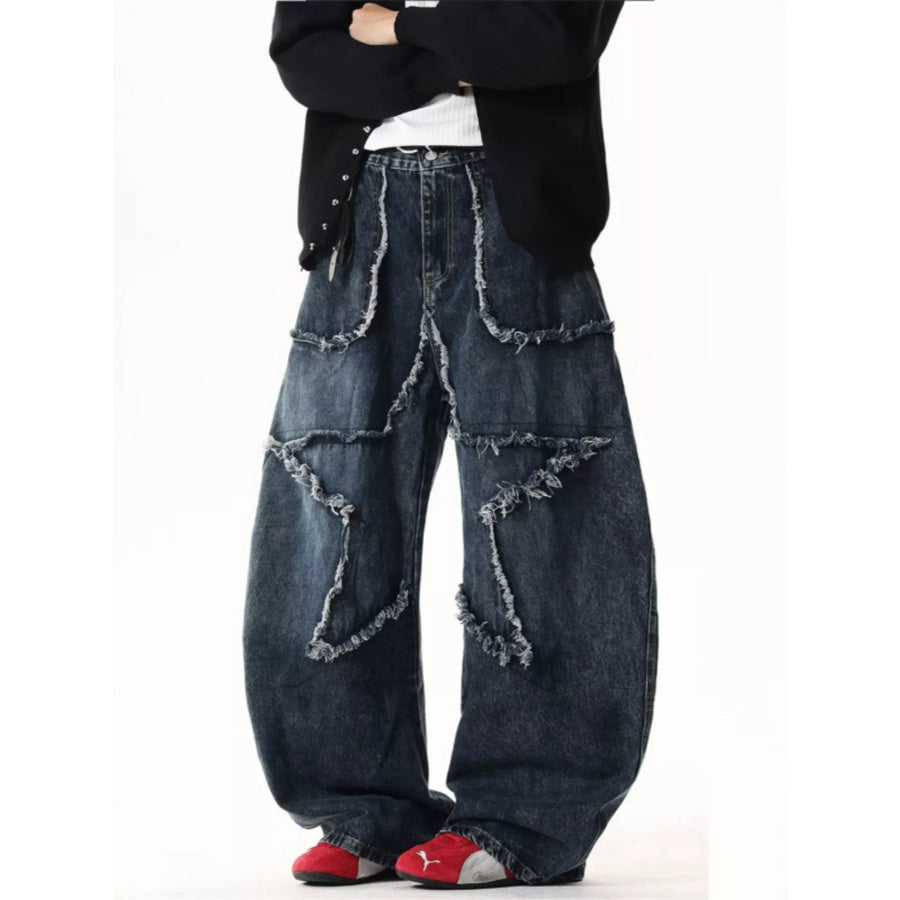 Men’s Full Size Star Patchwork Wide Leg Jeans Plus Size Apparel and Accessories
