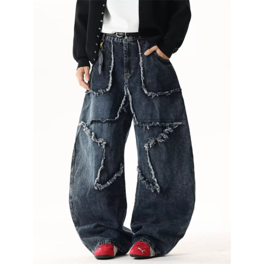 Men’s Full Size Star Patchwork Wide Leg Jeans Plus Size Apparel and Accessories