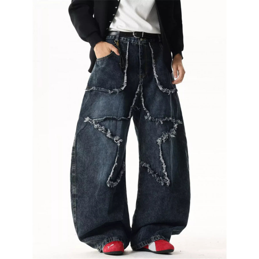 Men’s Full Size Star Patchwork Wide Leg Jeans Plus Size Apparel and Accessories