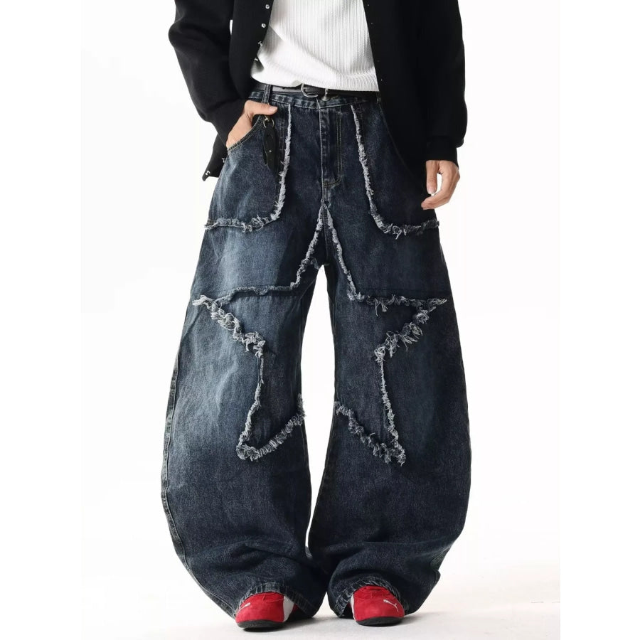 Men’s Full Size Star Patchwork Wide Leg Jeans Plus Size Blue / S Apparel and Accessories