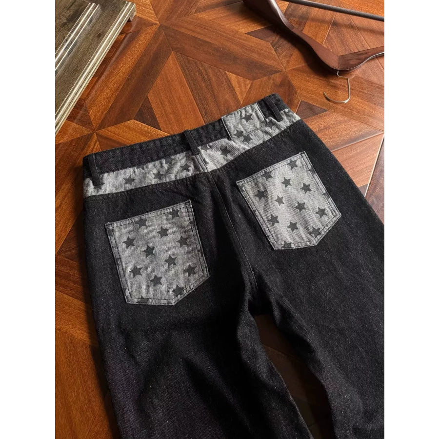 Men’s Full Size Star-Patterned Contrast Pocket Wide-Leg Jeans Plus Apparel and Accessories