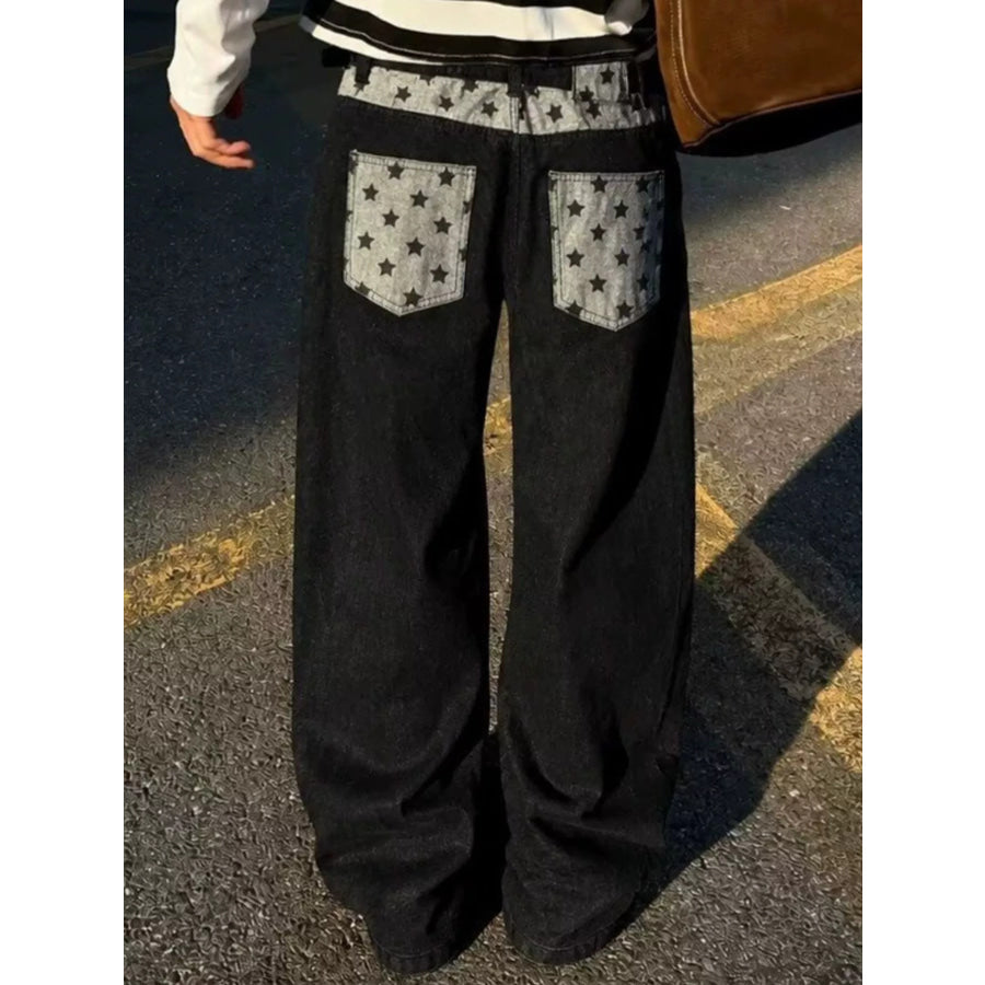 Men’s Full Size Star-Patterned Contrast Pocket Wide-Leg Jeans Plus Apparel and Accessories