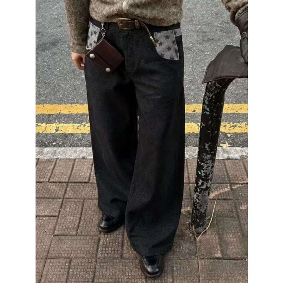 Men’s Full Size Star-Patterned Contrast Pocket Wide-Leg Jeans Plus Black / S Apparel and Accessories