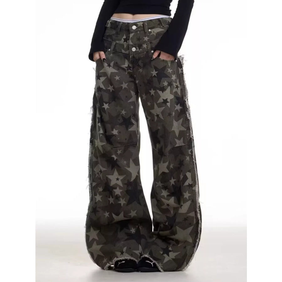 Men’s Full Size Star Print Wide Leg Jeans Plus Size Apparel and Accessories