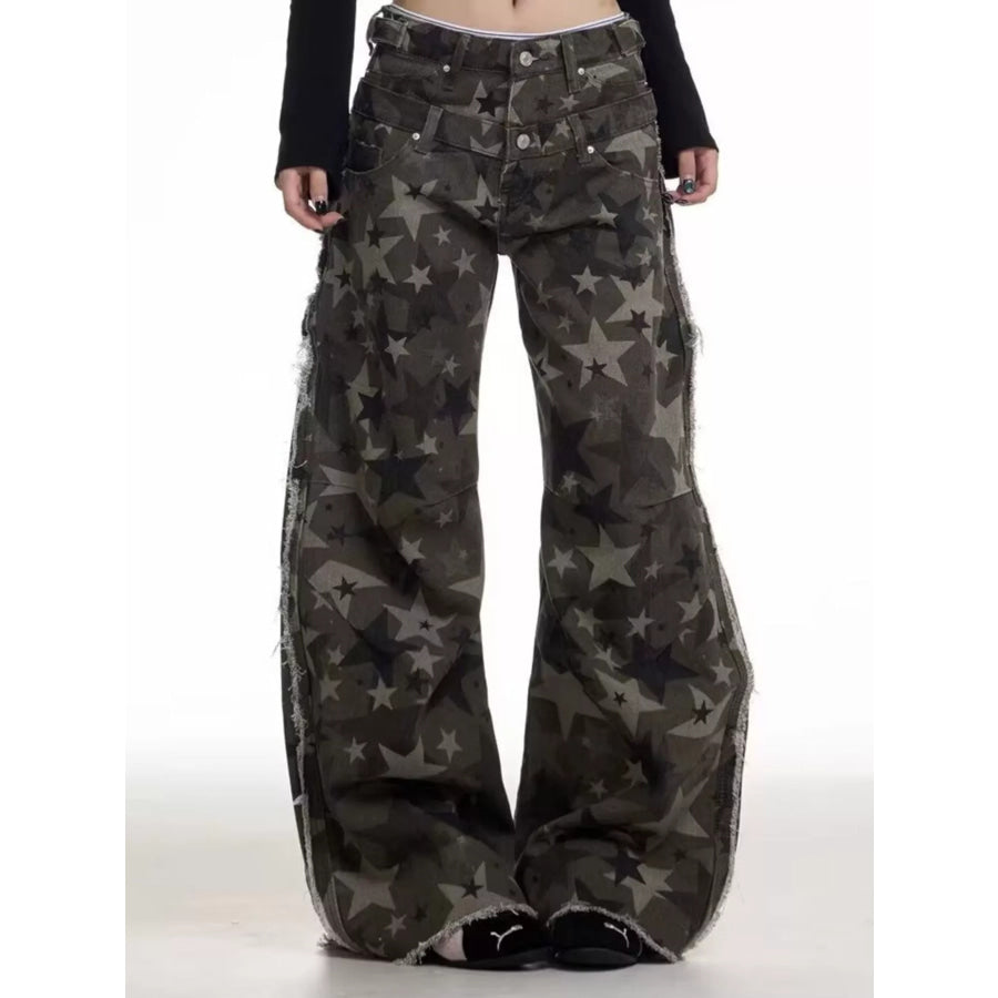 Men’s Full Size Star Print Wide Leg Jeans Plus Size Green Camouflage / S Apparel and Accessories