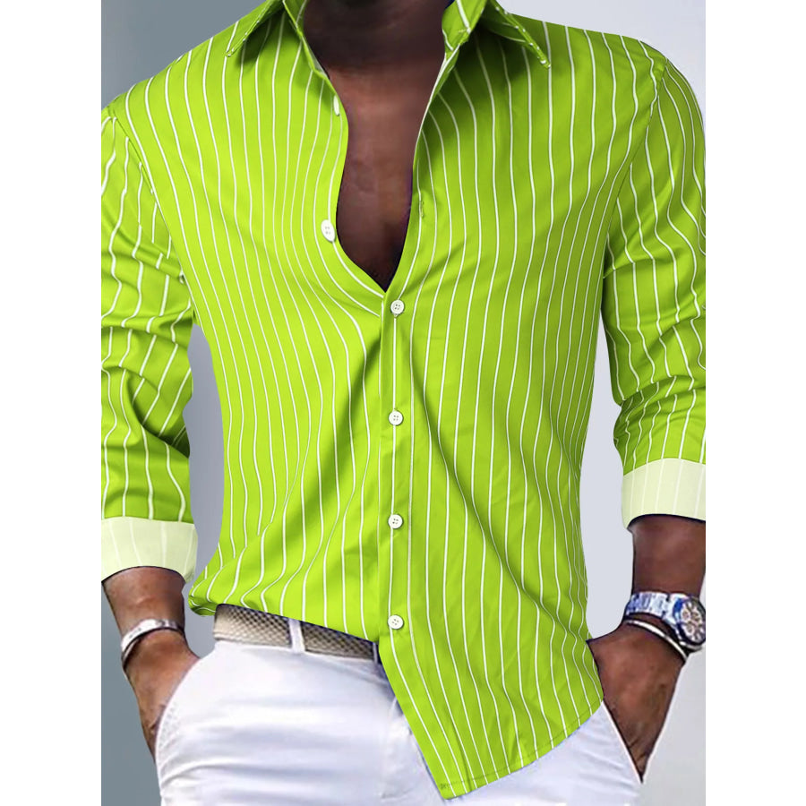 Men’s Full Size Striped Button Up Long Sleeve Shirt Plus Size Green / S Apparel and Accessories