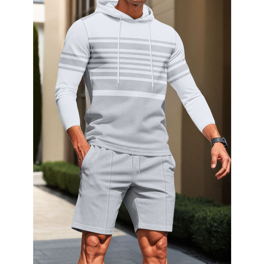 Men’s Full Size Striped Hoodie & Shorts Casual Set Plus Size Light Gray / S Apparel and Accessories