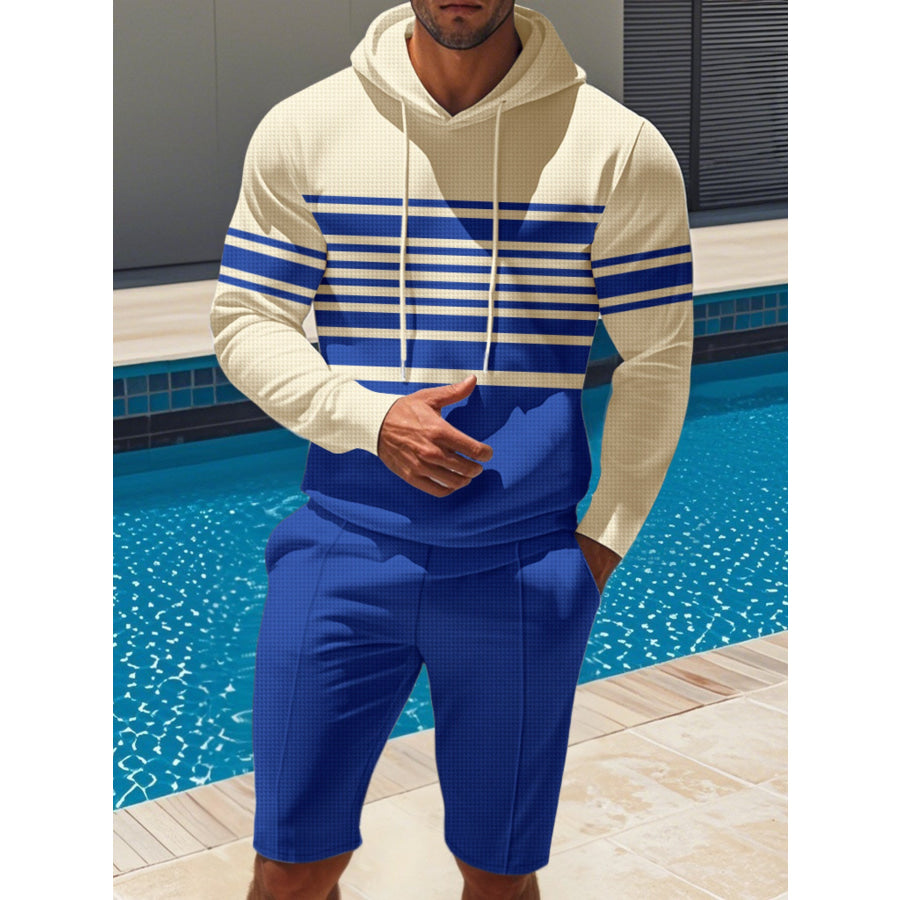 Men’s Full Size Striped Hoodie & Shorts Casual Set Plus Size Apparel and Accessories