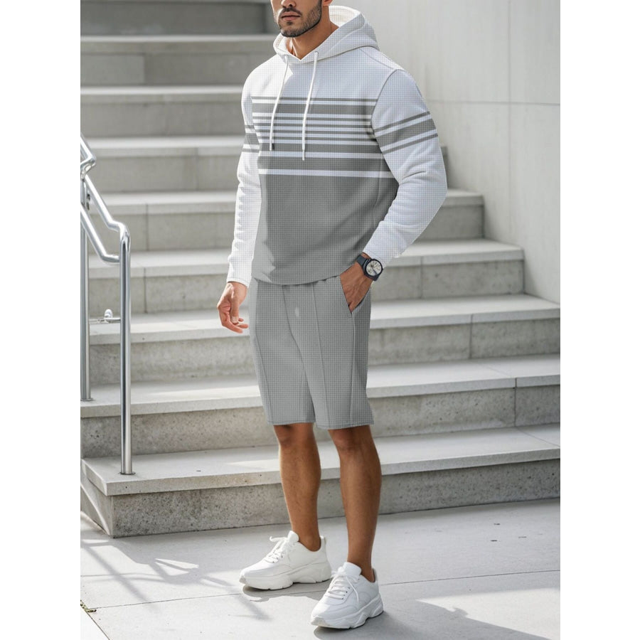 Men’s Full Size Striped Hoodie & Shorts Casual Set Plus Size Apparel and Accessories