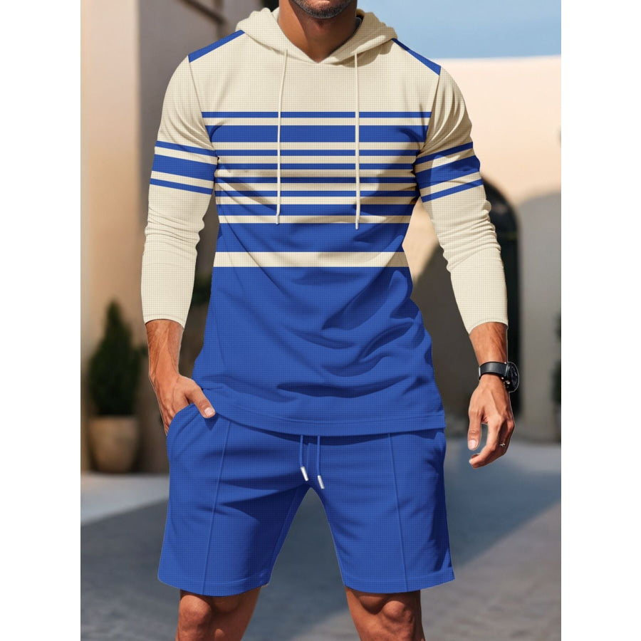 Men’s Full Size Striped Hoodie & Shorts Casual Set Plus Size Apparel and Accessories