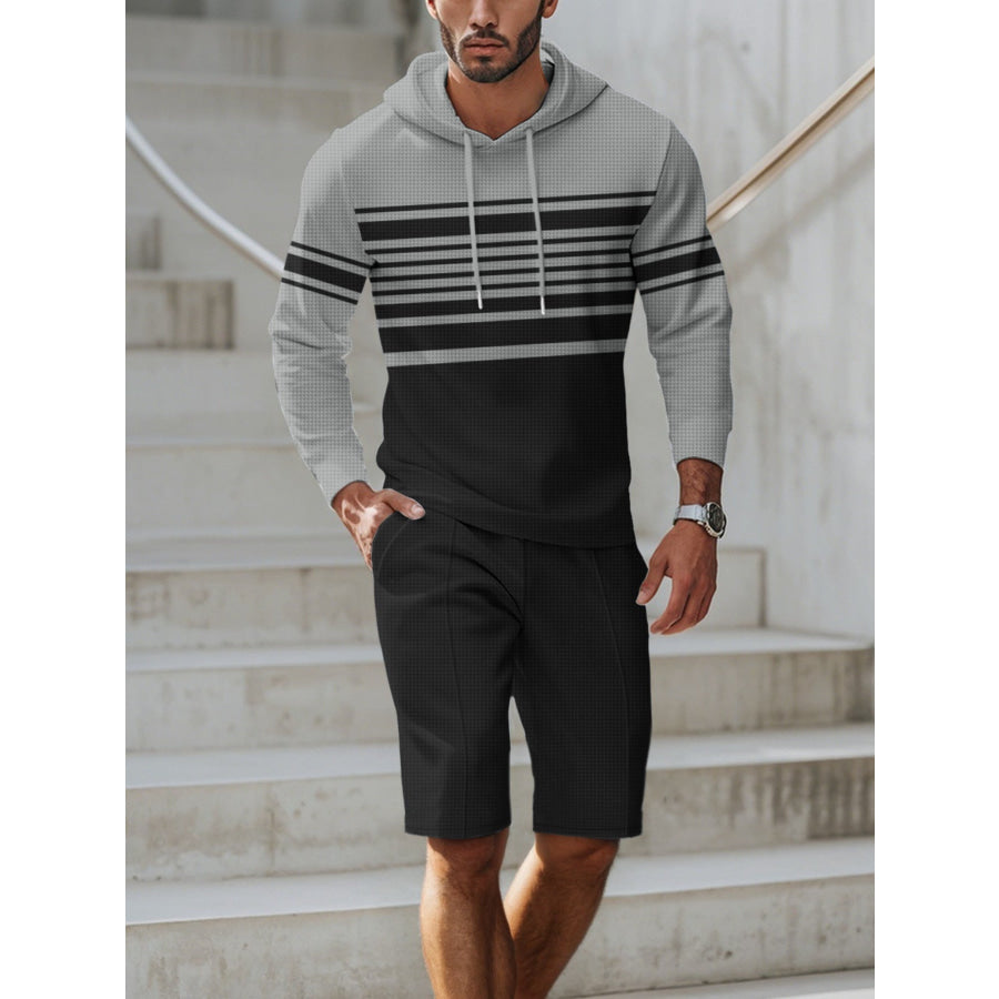 Men’s Full Size Striped Hoodie & Shorts Casual Set Plus Size Apparel and Accessories