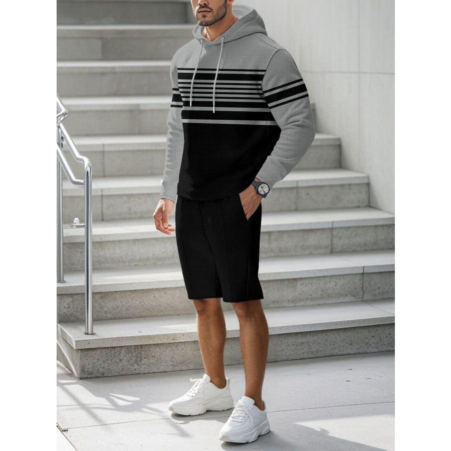 Men’s Full Size Striped Hoodie & Shorts Casual Set Plus Size Apparel and Accessories
