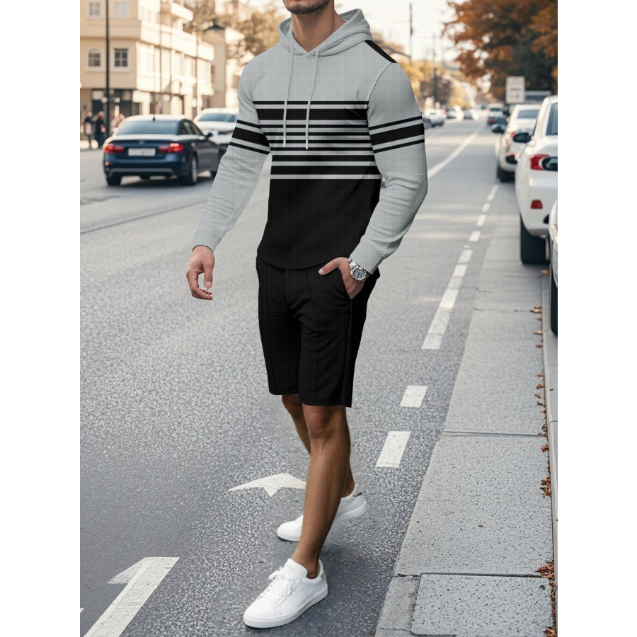 Men’s Full Size Striped Hoodie & Shorts Casual Set Plus Size Apparel and Accessories