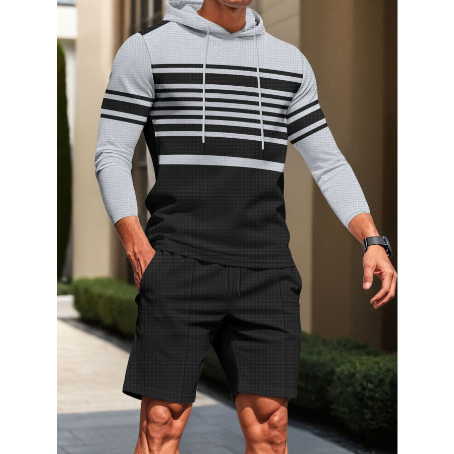 Men’s Full Size Striped Hoodie & Shorts Casual Set Plus Size Black / S Apparel and Accessories