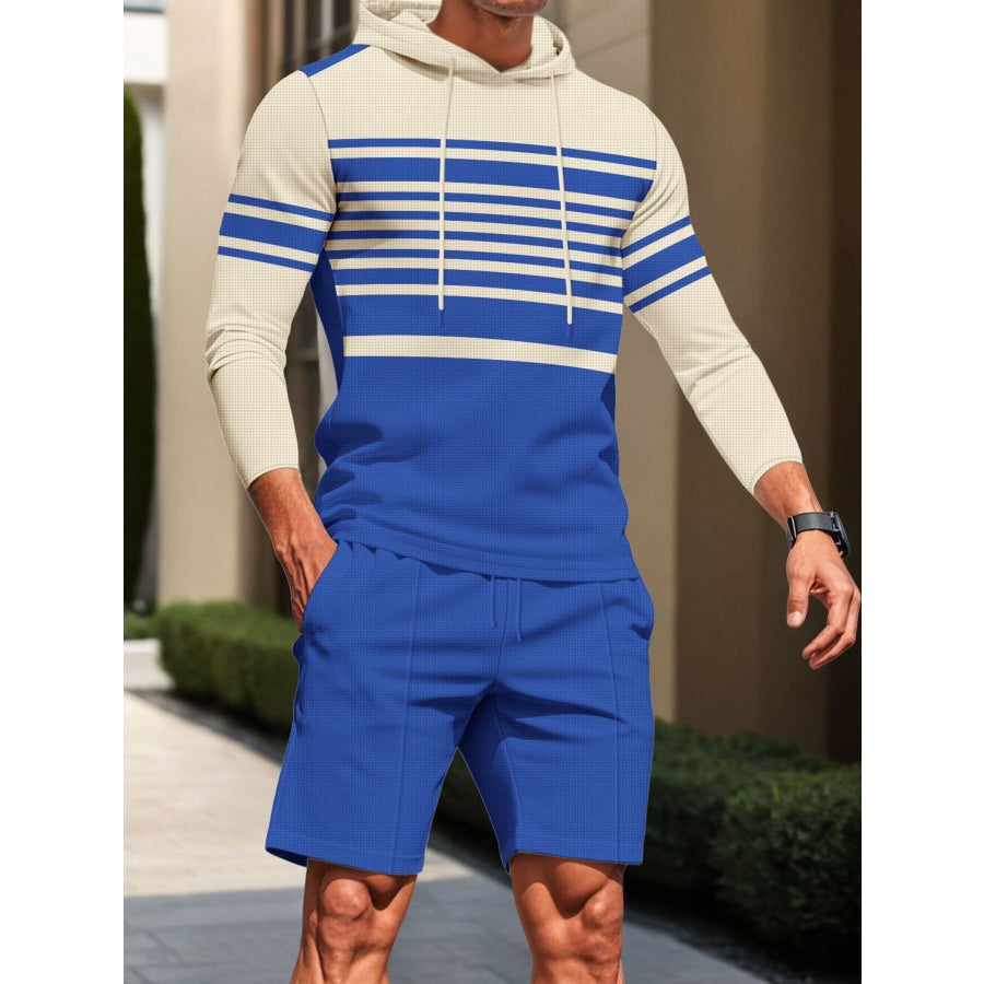 Men’s Full Size Striped Hoodie & Shorts Casual Set Plus Size Blue / S Apparel and Accessories