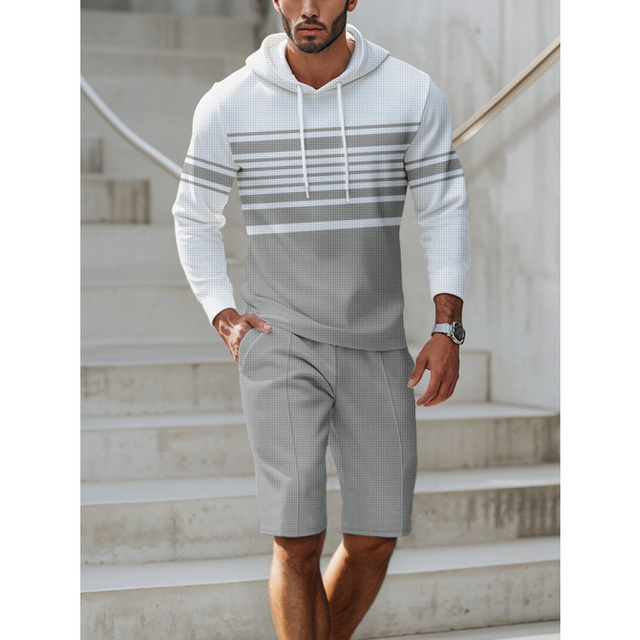 Men’s Full Size Striped Hoodie & Shorts Casual Set Plus Size Light Gray / S Apparel and Accessories