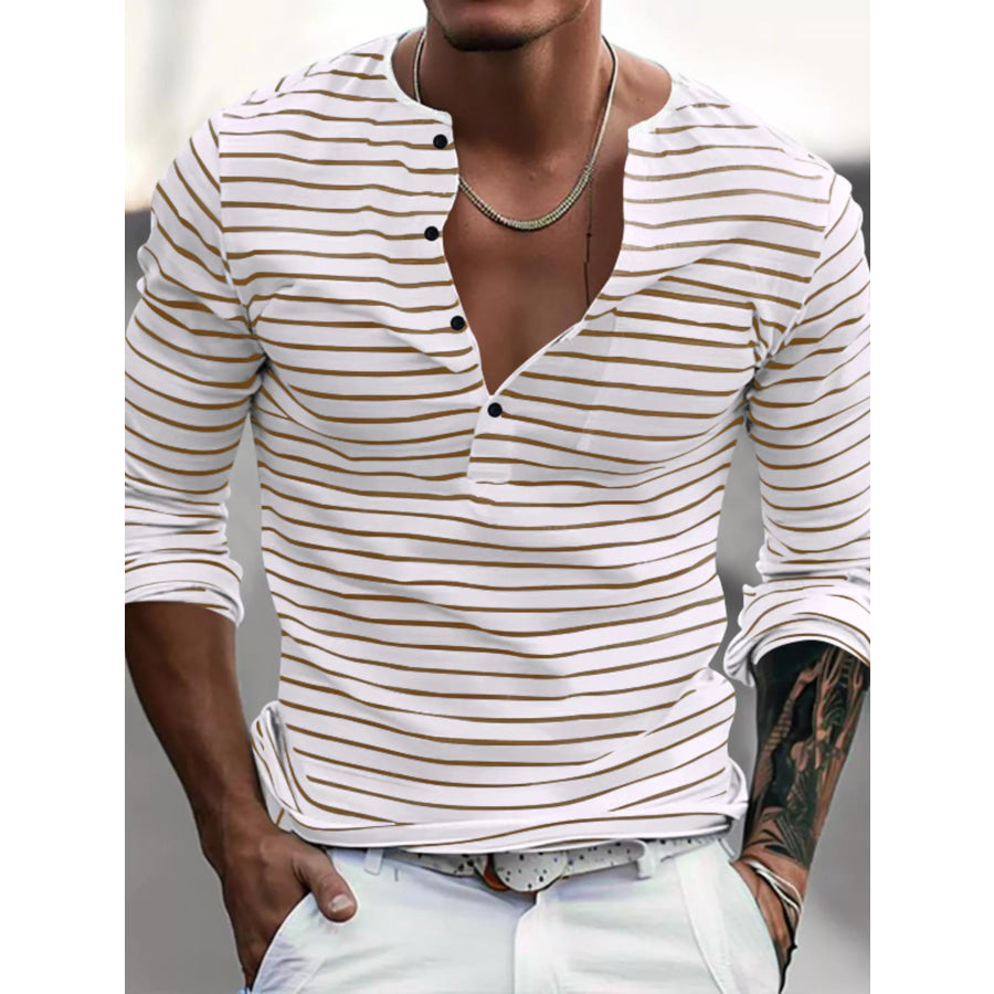 Men’s Full Size Striped Long Sleeve T-Shirt Plus Size Apricot / S Apparel and Accessories