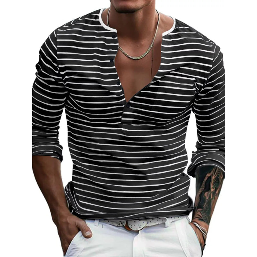 Men’s Full Size Striped Long Sleeve T-Shirt Plus Size Black / S Apparel and Accessories
