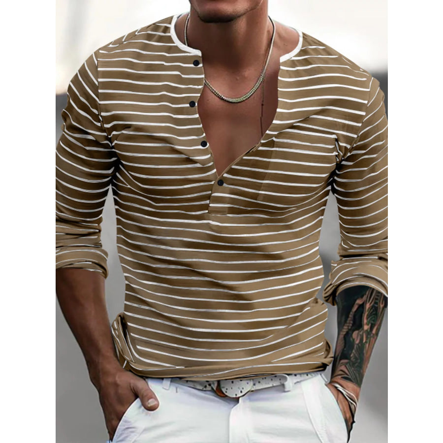 Men’s Full Size Striped Long Sleeve T-Shirt Plus Size Dark Khaki / S Apparel and Accessories