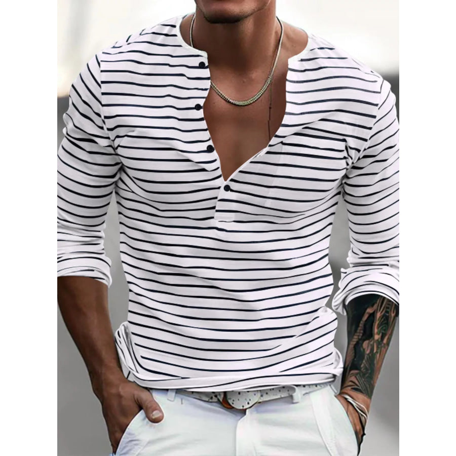 Men’s Full Size Striped Long Sleeve T-Shirt Plus Size White / S Apparel and Accessories