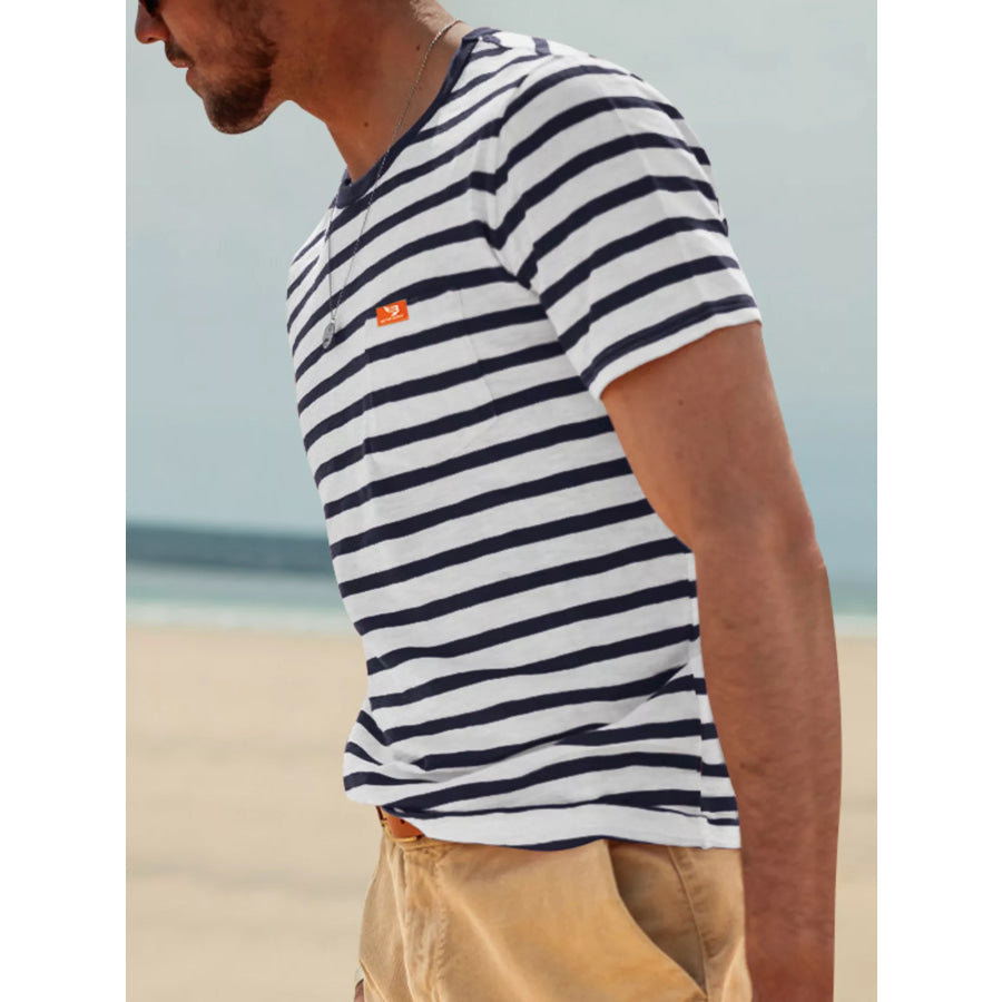 Men’s Full Size Striped Pocket Short Sleeve T-Shirt Plus Size Apparel and Accessories