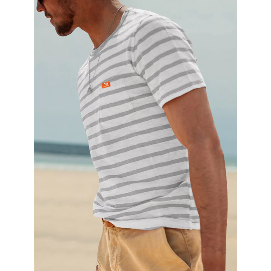 Men’s Full Size Striped Pocket Short Sleeve T-Shirt Plus Size Apparel and Accessories