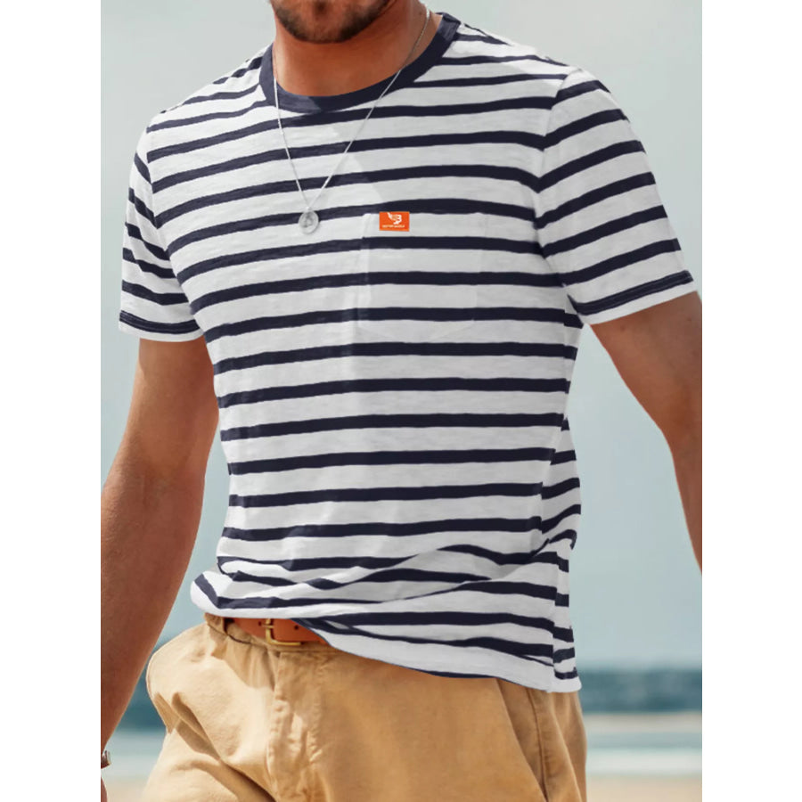 Men’s Full Size Striped Pocket Short Sleeve T-Shirt Plus Size Black / S Apparel and Accessories