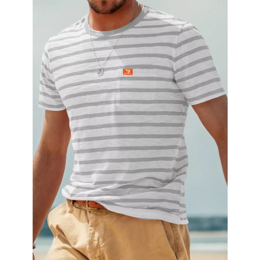 Men’s Full Size Striped Pocket Short Sleeve T-Shirt Plus Size Light Gray / S Apparel and Accessories