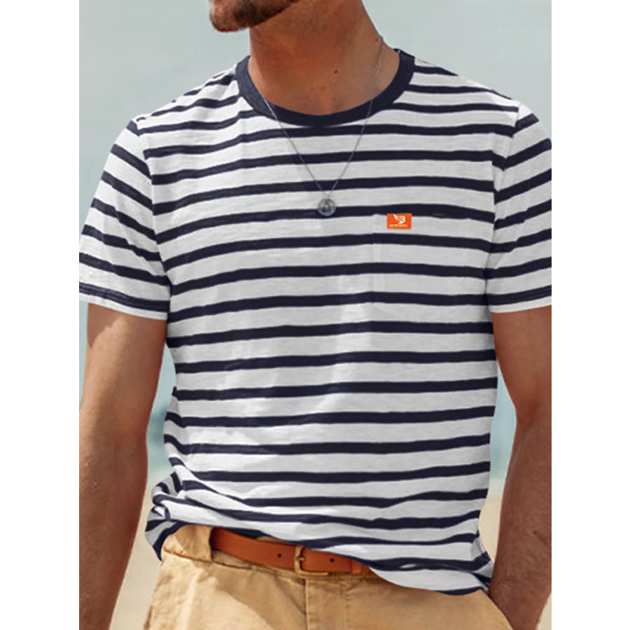 Men’s Full Size Striped Pocket Short Sleeve T-Shirt Plus Size Navy Blue / S Apparel and Accessories