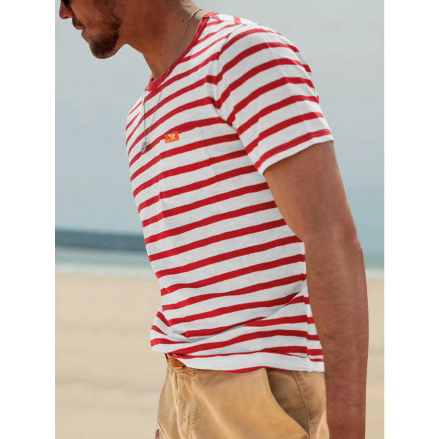 Men’s Full Size Striped Pocket Short Sleeve T-Shirt Plus Size Red / S Apparel and Accessories