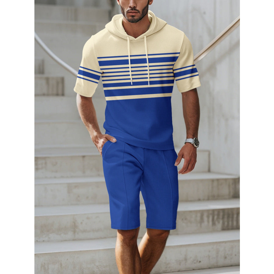 Men’s Full Size Striped Short Sleeve Hoodie and Shorts Set Plus Size Apparel and Accessories