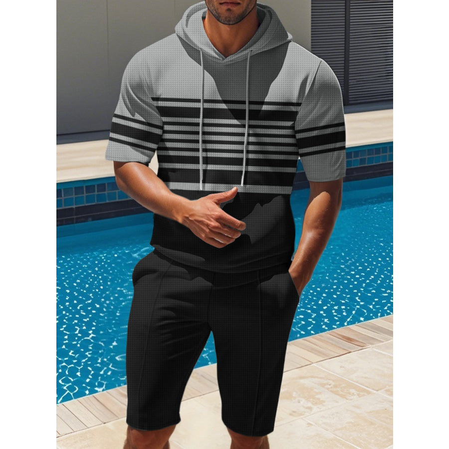 Men’s Full Size Striped Short Sleeve Hoodie and Shorts Set Plus Size Black / S Apparel and Accessories
