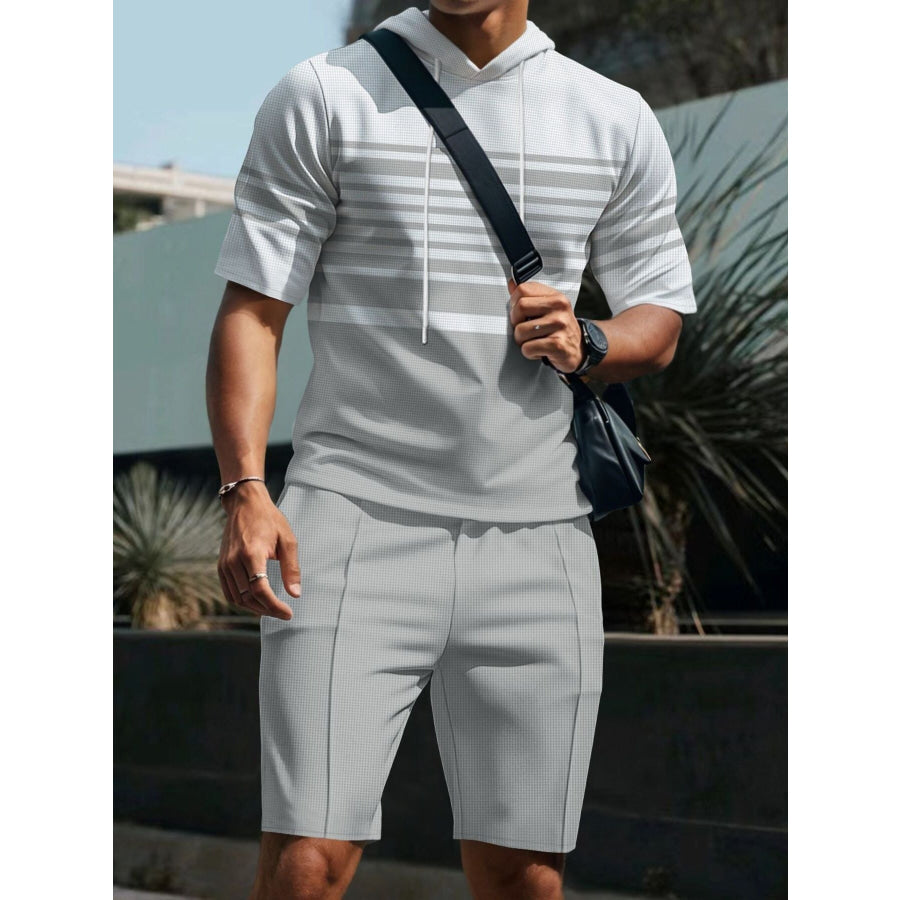 Men’s Full Size Striped Short Sleeve Hoodie and Shorts Set Plus Size Apparel and Accessories