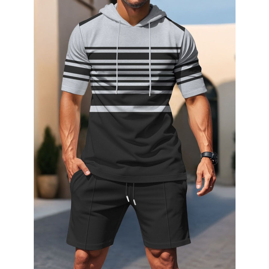 Men’s Full Size Striped Short Sleeve Hoodie and Shorts Set Plus Size Black / S Apparel and Accessories