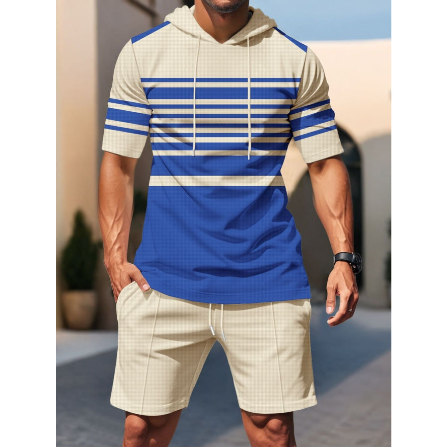 Men’s Full Size Striped Short Sleeve Hoodie and Shorts Set Plus Size Blue / S Apparel and Accessories