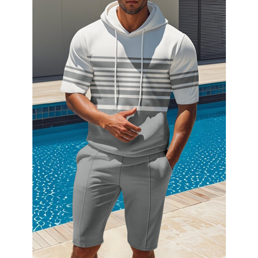 Men’s Full Size Striped Short Sleeve Hoodie and Shorts Set Plus Size Gray / S Apparel and Accessories