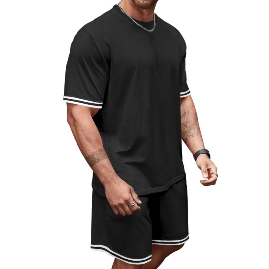 Men’s Full Size Striped Short Sleeve Tee and Shorts Set Plus Size Black / S Apparel and Accessories